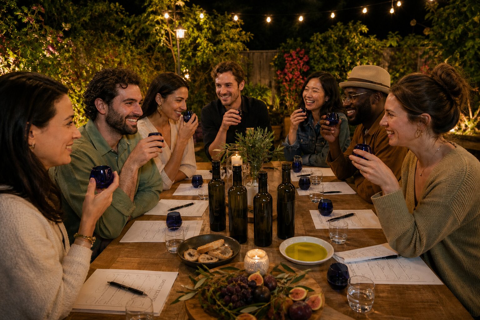 Friends seated around a candlelit outdoor table at night, holding cobalt blue olive oil tasting cups, with dark green oil bottles and tasting cards beneath string lights
