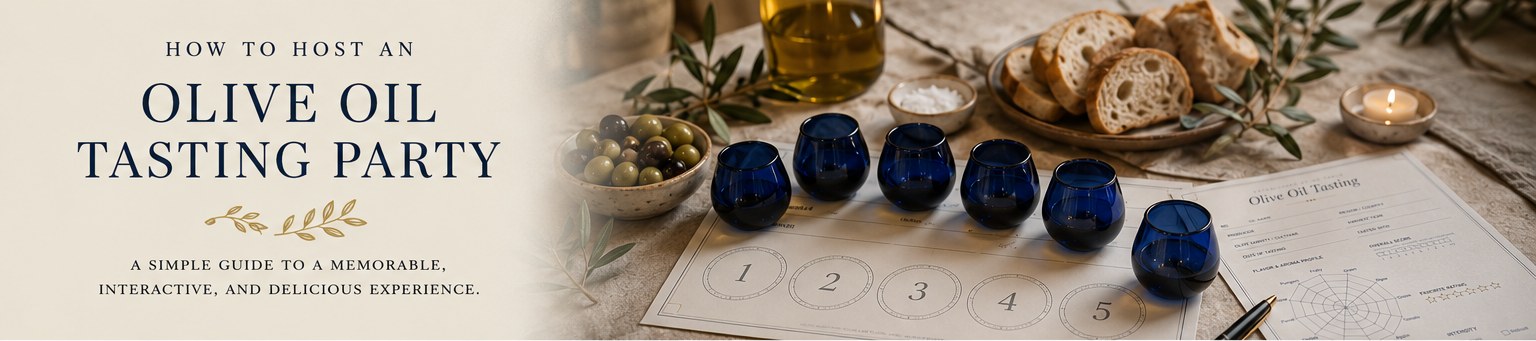 A styled olive oil tasting setup with cobalt blue cups, a numbered tasting placemat, olives, fresh bread, and a candle on a linen runner