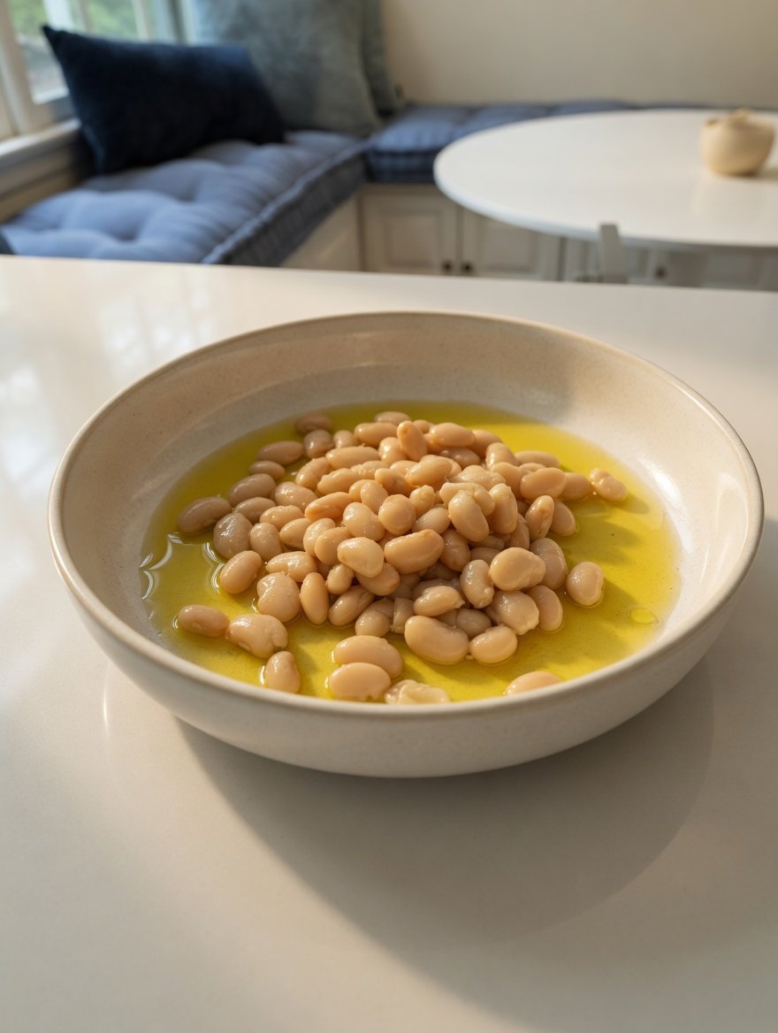 A bowl of white beans in golden olive oil on a kitchen counter